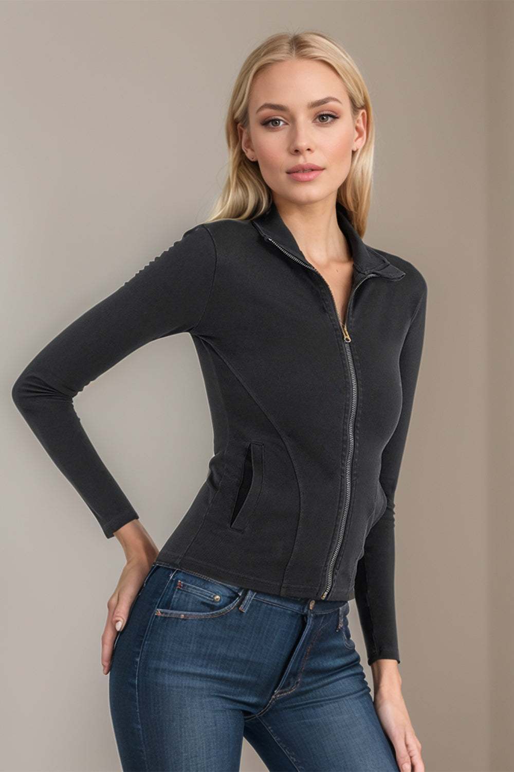 Pocketed Turtleneck Zip Up Denim Top