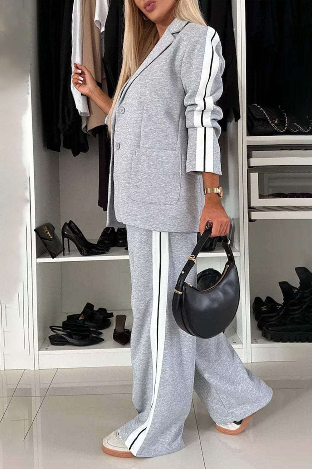 Full size contrast lapel collar top and pants set in gray with white stripe detailing.