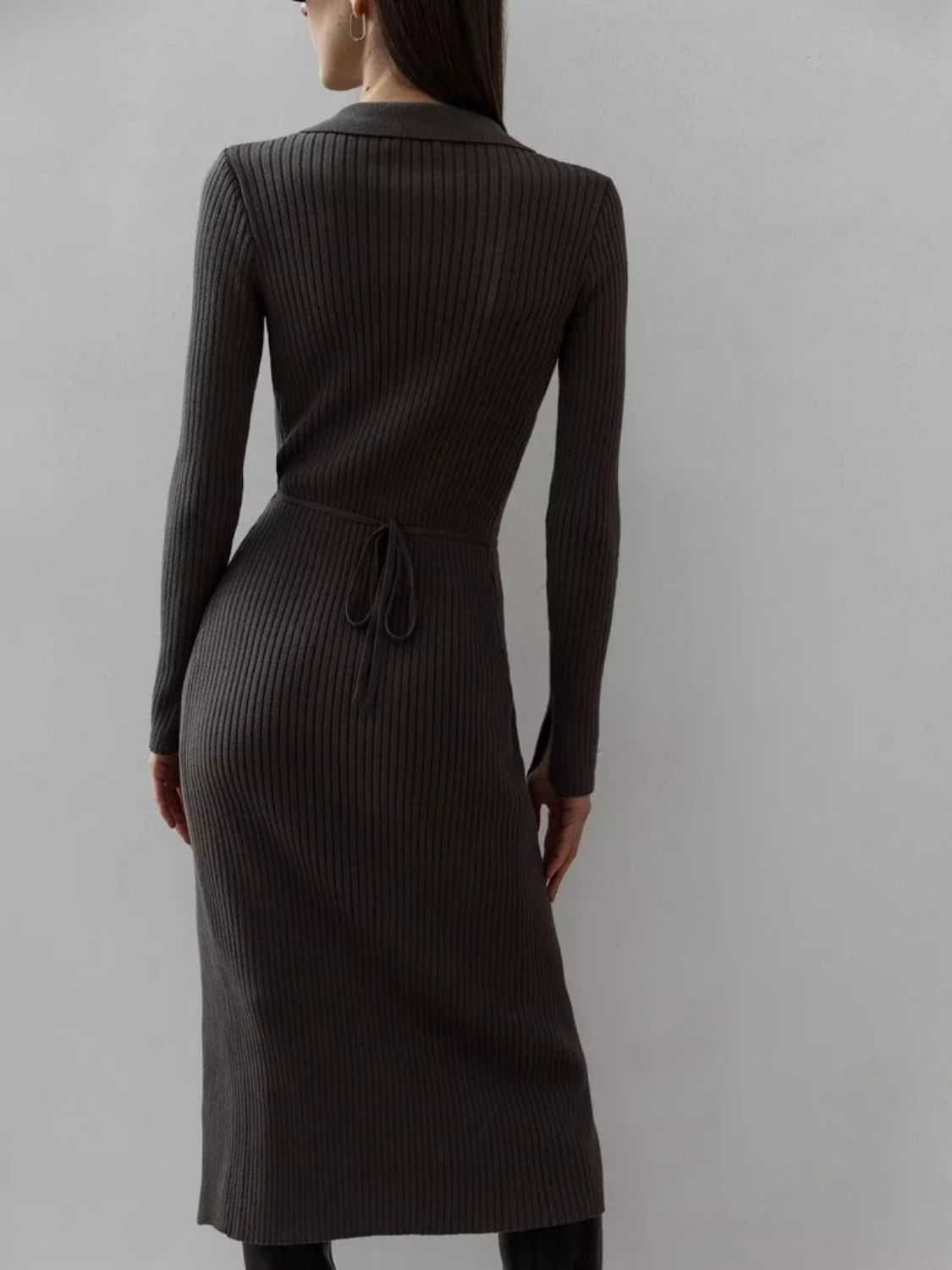 Tied collared neck long sleeve sweater dress with back tie detail.