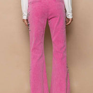 POL Raw Hem Embroidered Flare Pants in pink with intricate embroidery and raw hem design.