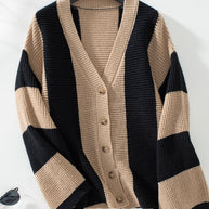 Waffle-knit V-neck striped long sleeve cardigan