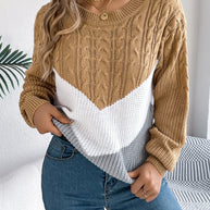 Cable-Knit Color Block Round Neck Sweater