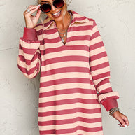 Contrast Striped Johnny Collar Long Sleeve Mini Dress