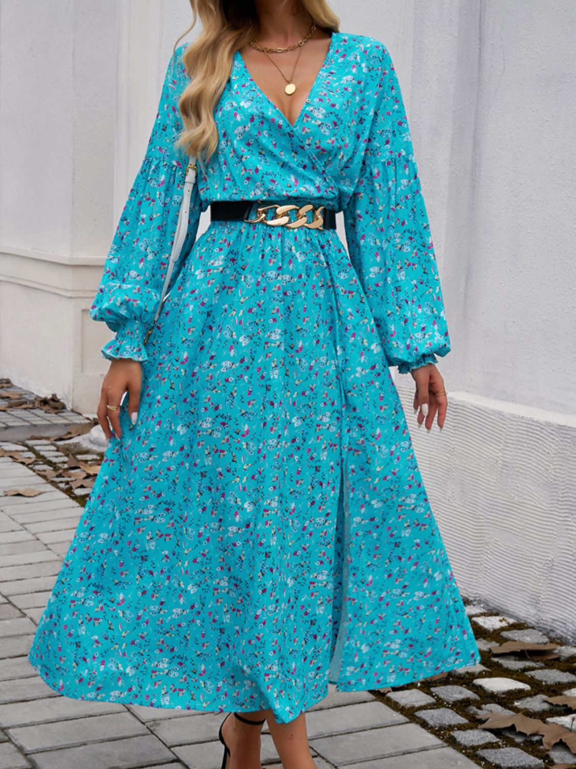 Split Printed Surplice Long Sleeve Midi Dress in blue with smocked waist and floral pattern