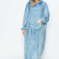 Full size pocketed hooded midi lounge dress in blue with slight stretch fabric.