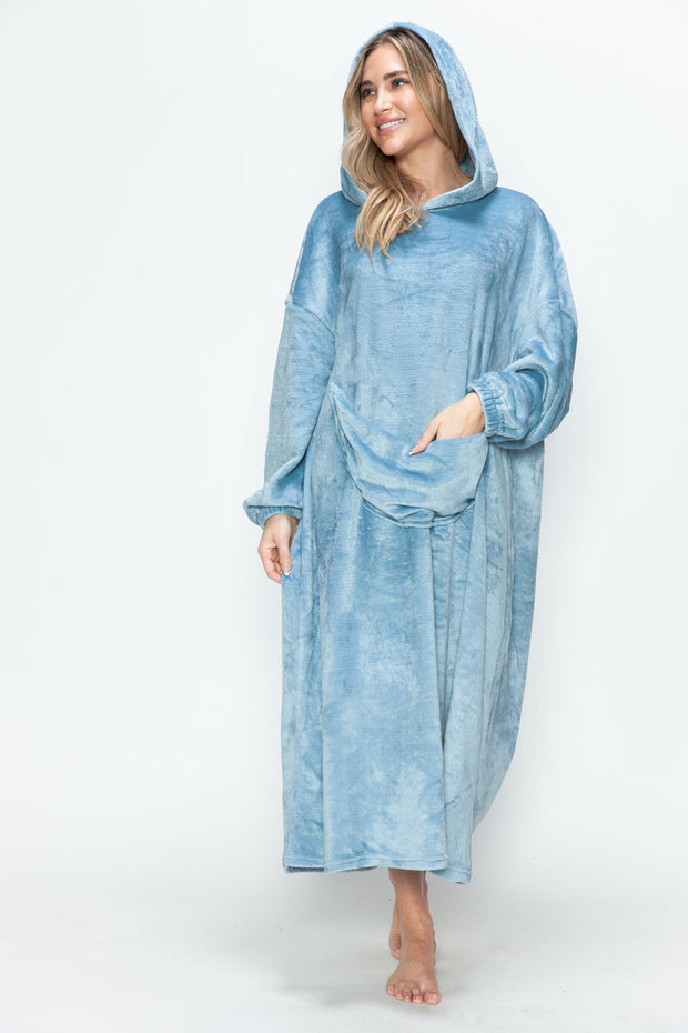 Full size pocketed hooded midi lounge dress in blue with slight stretch fabric.