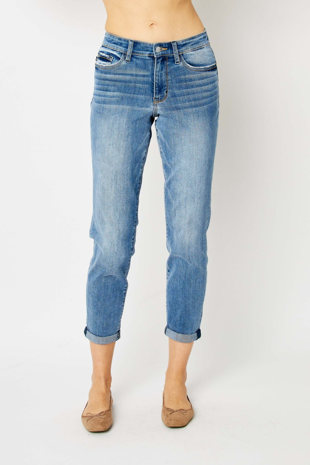 Judy Blue full size cuffed hem slim jeans on a model.