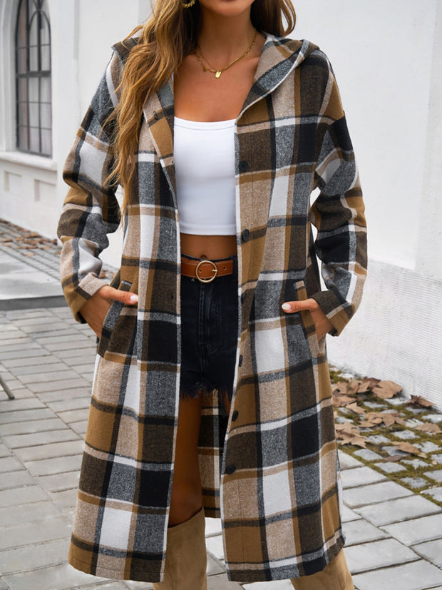 Plaid Long Sleeve Hooded Coat with buttoned front and pockets, made from polyester and viscose.