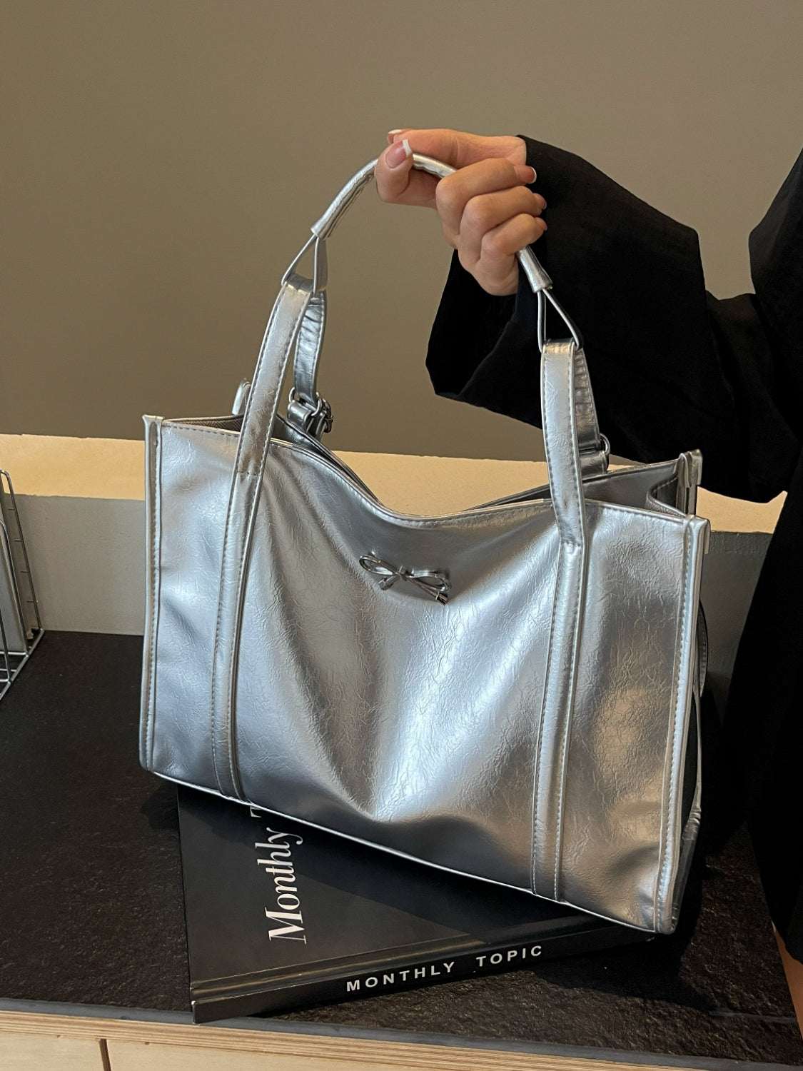 PU Leather Bow Shoulder Bag in silver, spacious design.