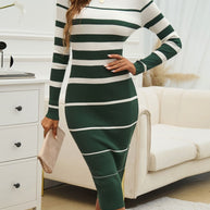 Color Block Round Neck Long Sleeve Midi Dress