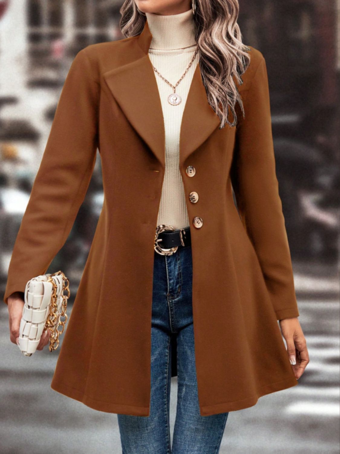 Collared Neck Button Up Long Sleeve Coat in brown with stylish fit.