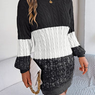 Cable-Knit Round Neck Color Block Sweater Dress