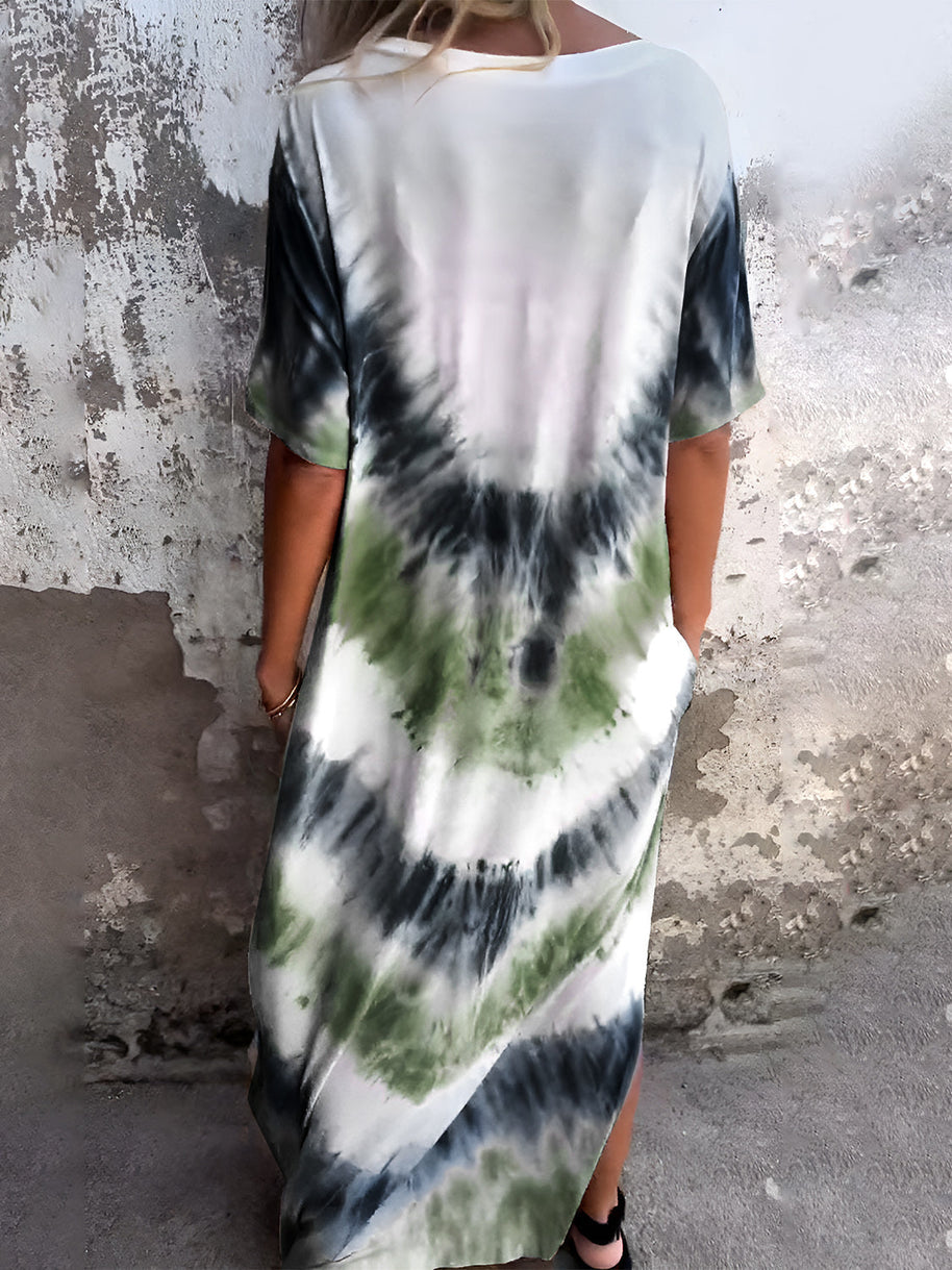 Full size pocketed tie-dye short sleeve dress with green and black design.