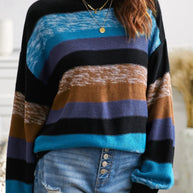 Contrast Striped Round Neck Drop Shoulder Sweater