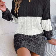 Cable-Knit Round Neck Color Block Sweater Dress