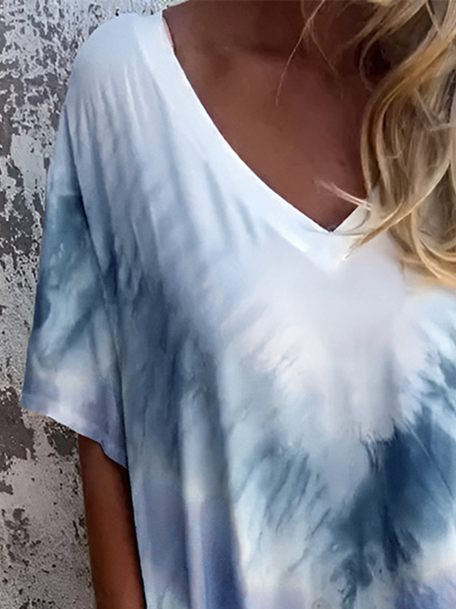 Full Size Pocketed Tie-Dye Short Sleeve Dress with V-neck detail.