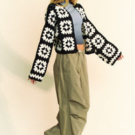 Two tone flower square crochet open front cardigan with bohemian flair.