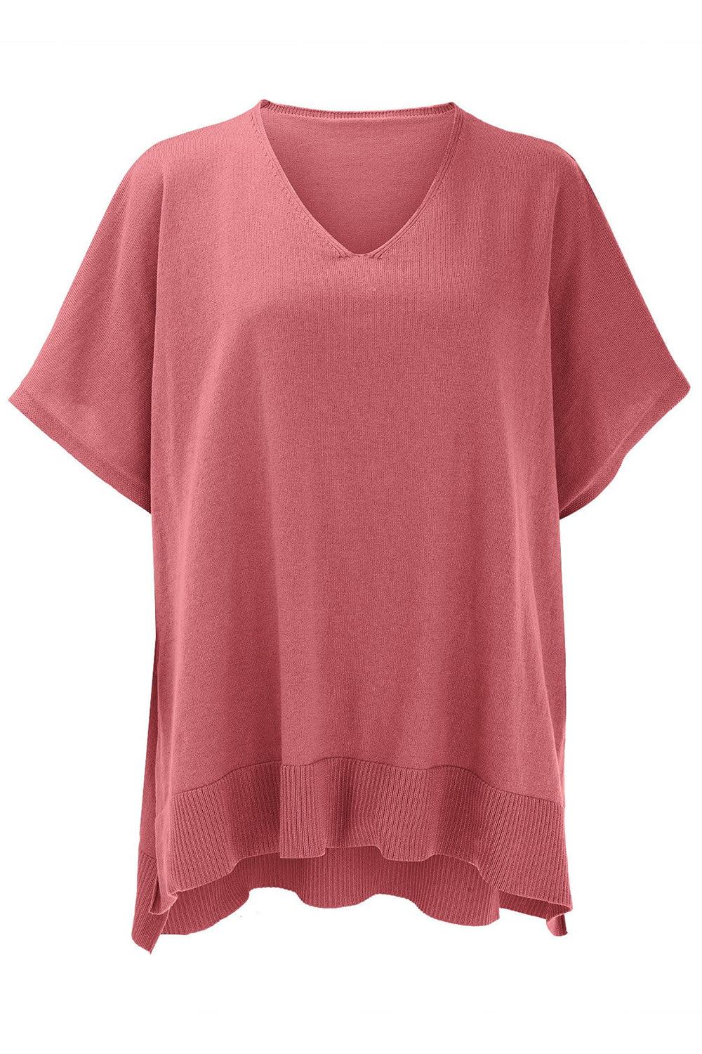 Slit V-Neck Half Sleeve Knit Top in pink, slightly stretchy fabric.