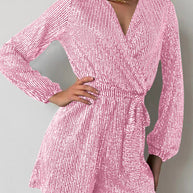 Full Size Sequin Surplice Tie Waist Long Sleeve Romper