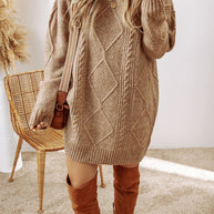 Cable-Knit Round Neck Sweater Dress