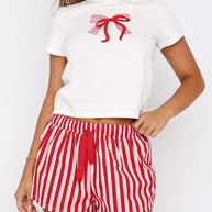 Printed Round Neck Short Sleeve Top and Drawstring Shorts Set