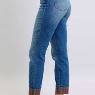 Judy Blue Full Size Plaid Print Cuff Straight Leg Jeans with Pockets