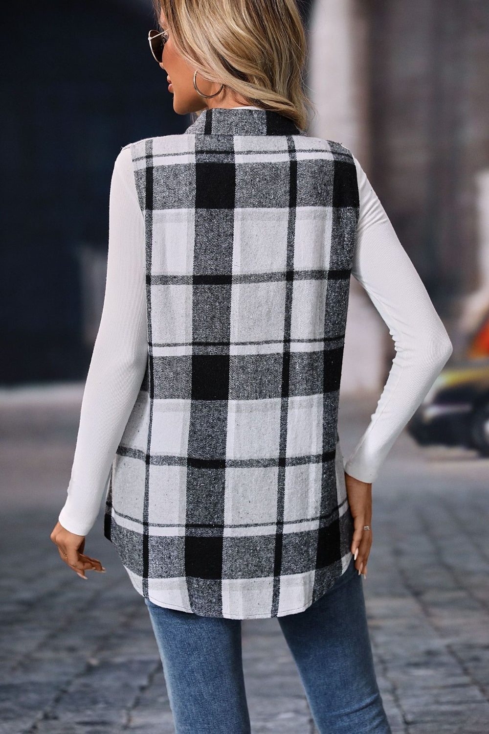 Plaid button up vest coat, 100% polyester, casual outdoor wear.