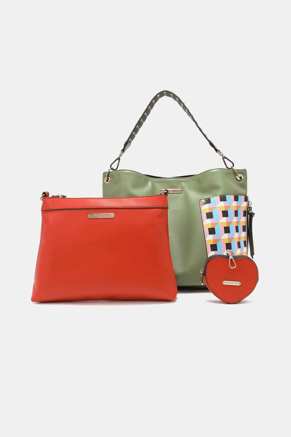 Nicole Lee USA Quihn 3-Piece Handbag Set with Large Shoulder Bag, Solid Bag, and Heart Coin Pouch in pebbled vegan leather.