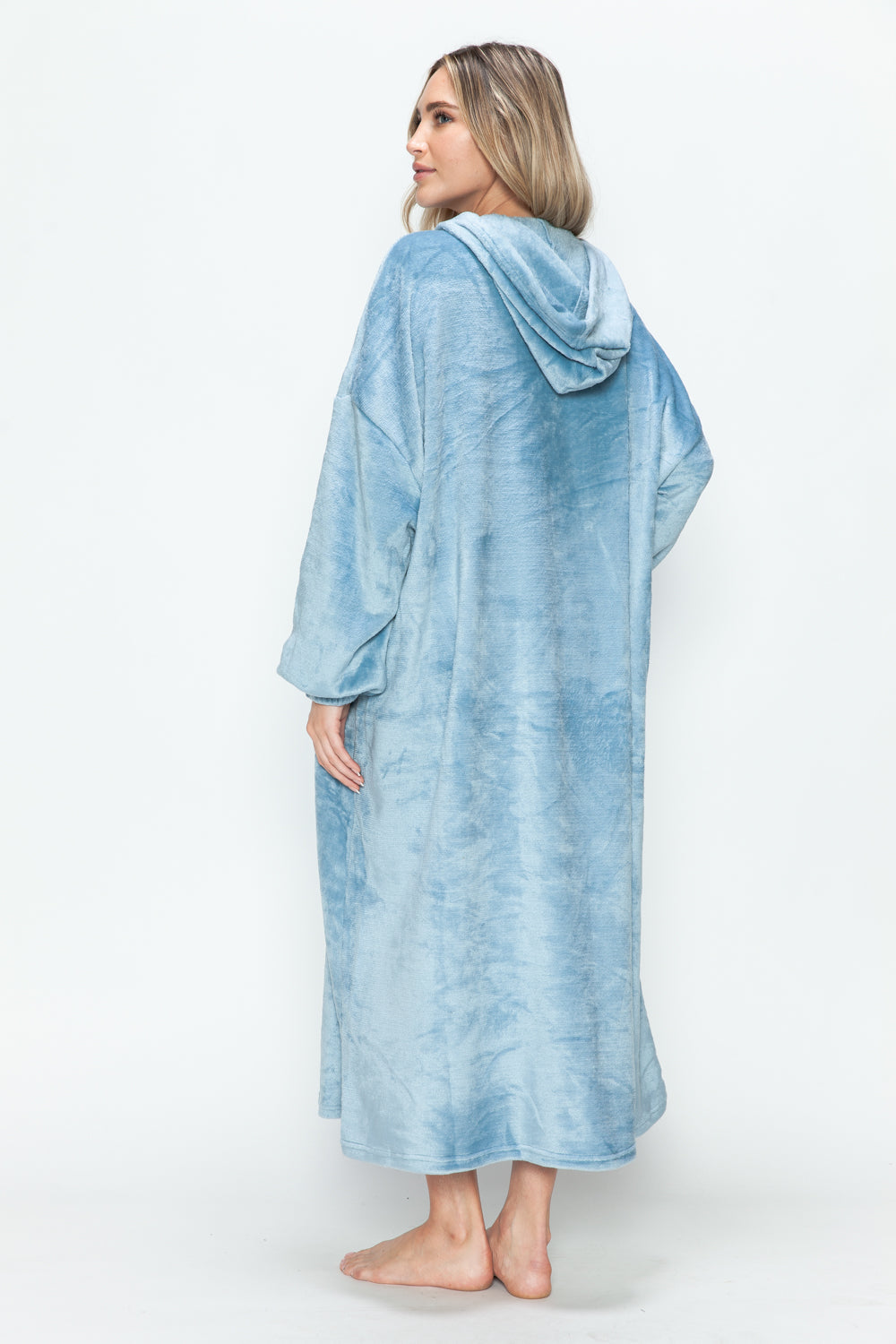 Full size pocketed hooded midi lounge dress in light blue polyester, back view.