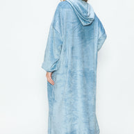 Full size pocketed hooded midi lounge dress in light blue polyester, back view.