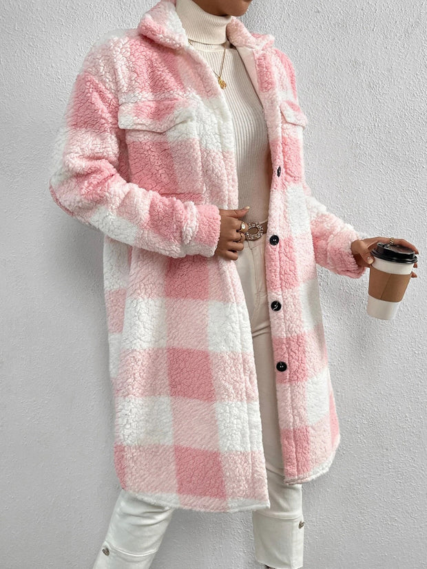 Plaid collared neck button down coat in pink and white checkered pattern.