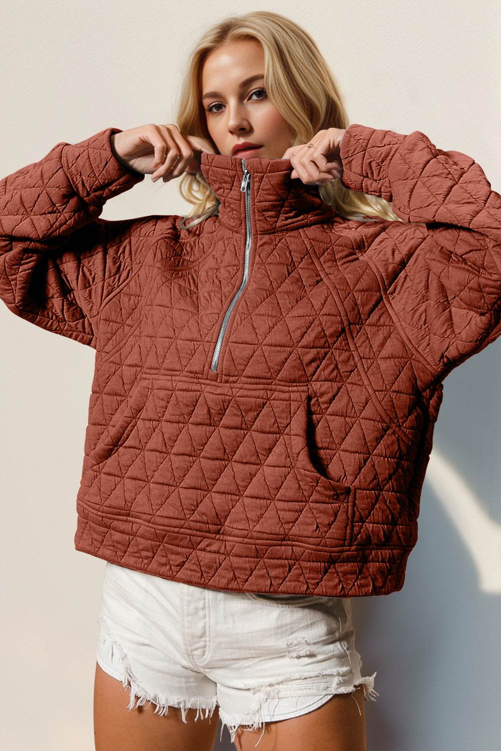 Double Take Half Zip Long Sleeve Quilted Jacket with Pocket