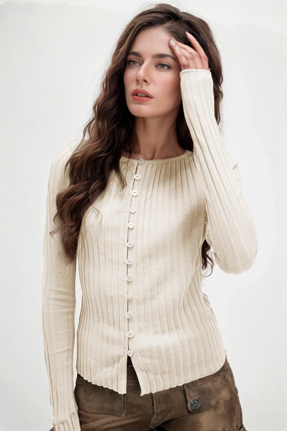 Texture Button Up Round Neck Long Sleeve Top