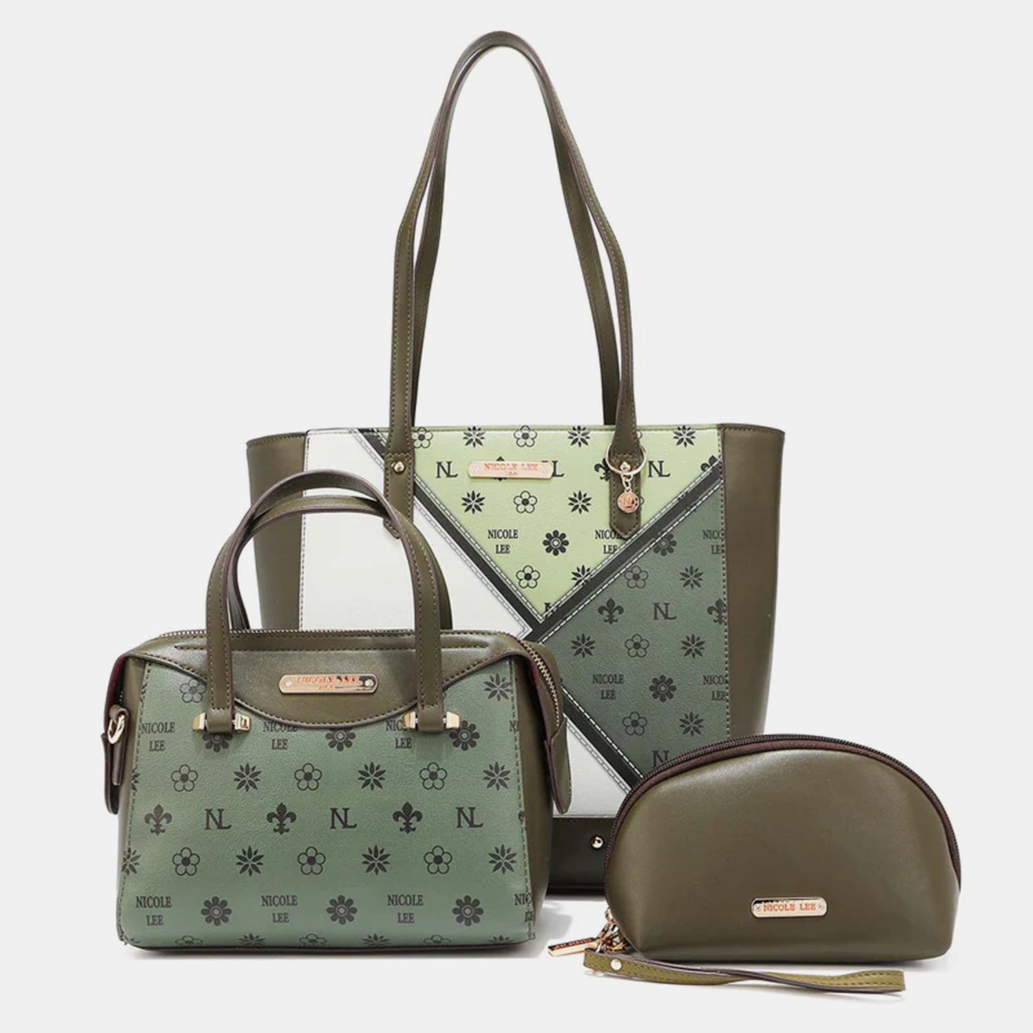 Nicole Lee USA 3-Piece Color Block Handbag Set with shopper, crossbody bag, and pouch in green and white.