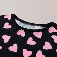 Heart print long sleeve top, pink hearts on black fabric, loungewear set.