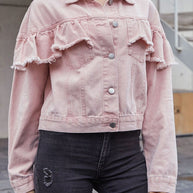 Ruffled collared neck long sleeve denim jacket with buttoned design.