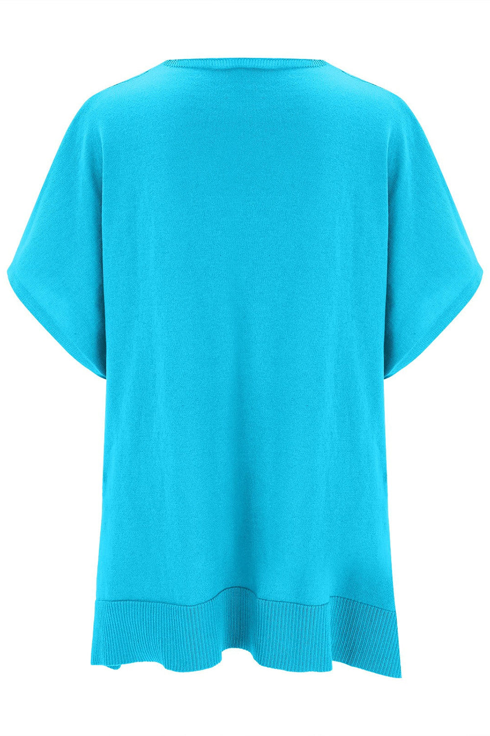 Blue slit V-neck half sleeve knit top, slightly stretchy fabric.