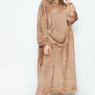 Full size pocketed hooded midi lounge dress in beige, with slightly stretchy, opaque fabric.