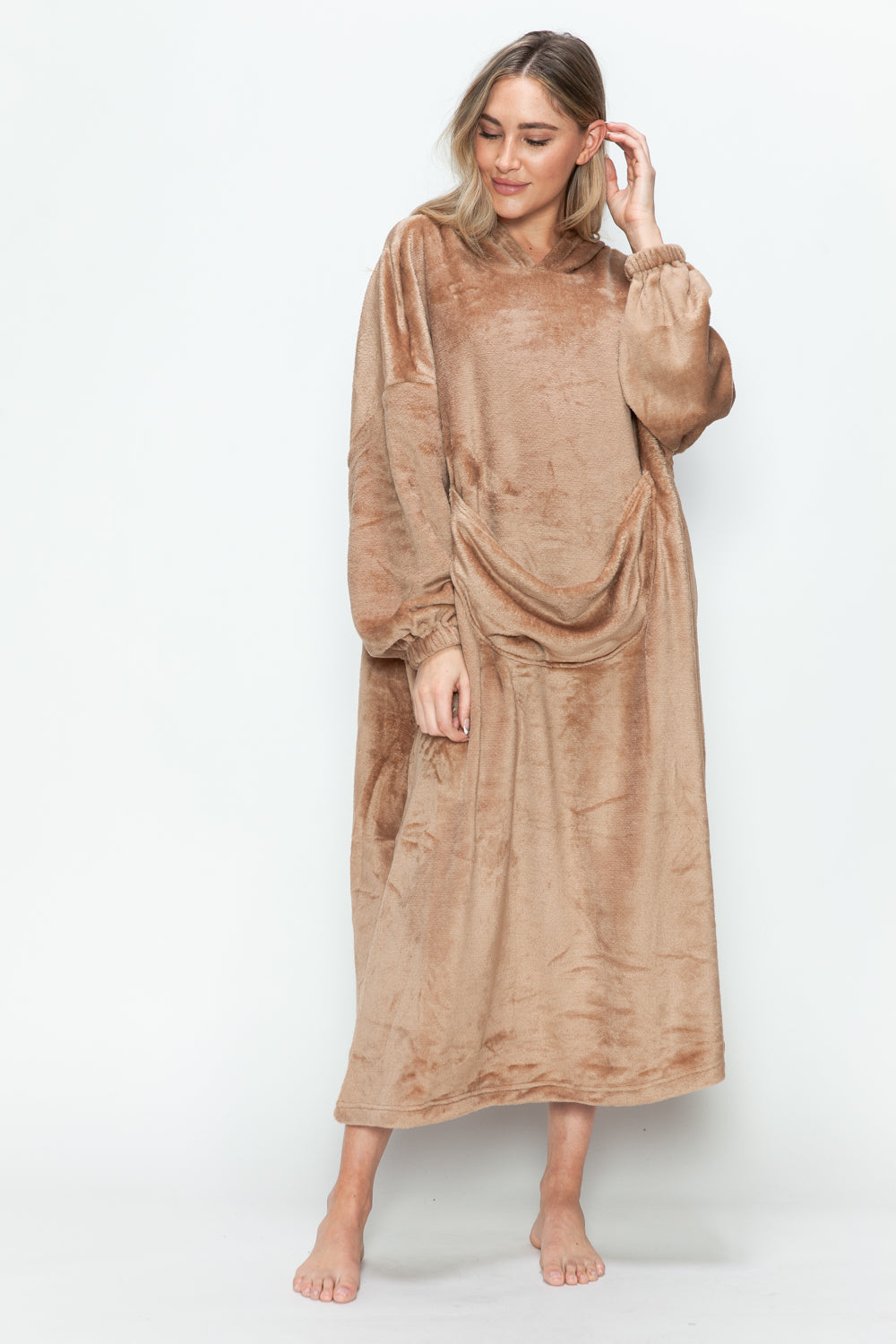 Full size pocketed hooded midi lounge dress in beige, with slightly stretchy, opaque fabric.