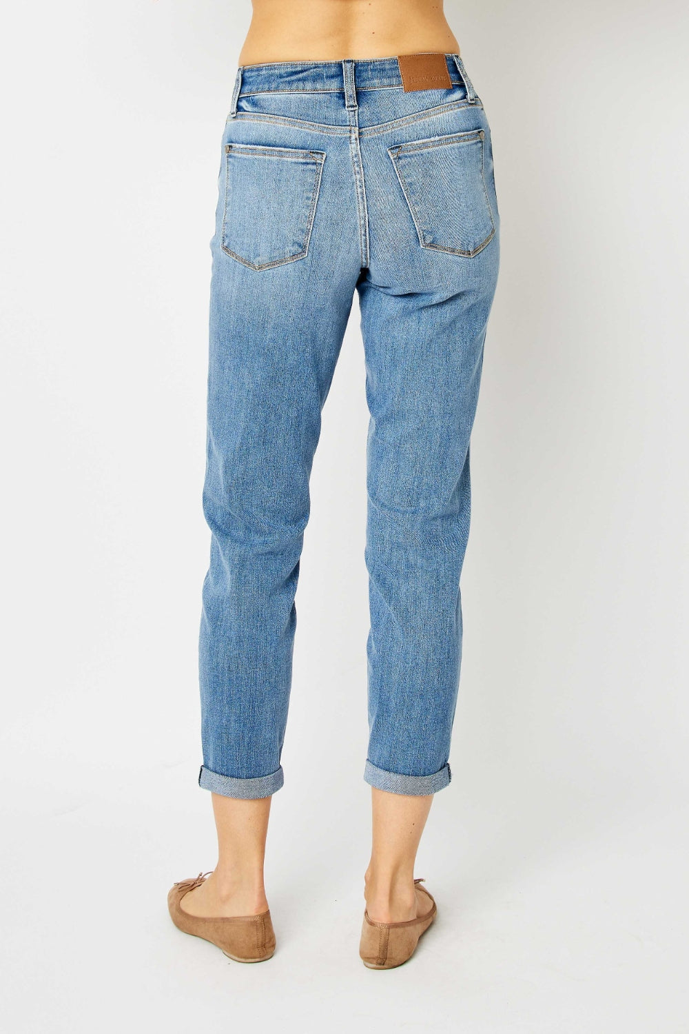 Judy Blue Full Size Cuffed Hem Slim Jeans, back view, versatile denim for stylish everyday wear.