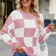 Checkered Round Neck Long Sleeve Sweater