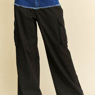 Davi & Dani Denim Patchwork Wide Leg Pants with Cargo Pockets