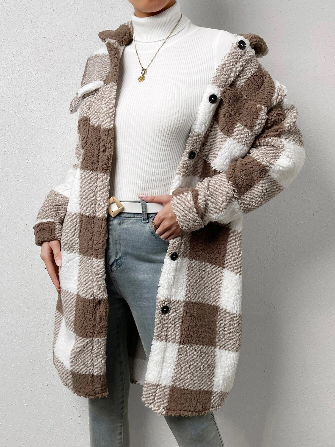 Plaid collared neck button down coat, 100% polyester, brown and white pattern.