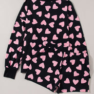 Heart print long sleeve top and shorts lounge set in black with pink hearts.