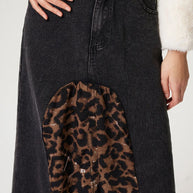 Slit Leopard Midi Denim Skirt