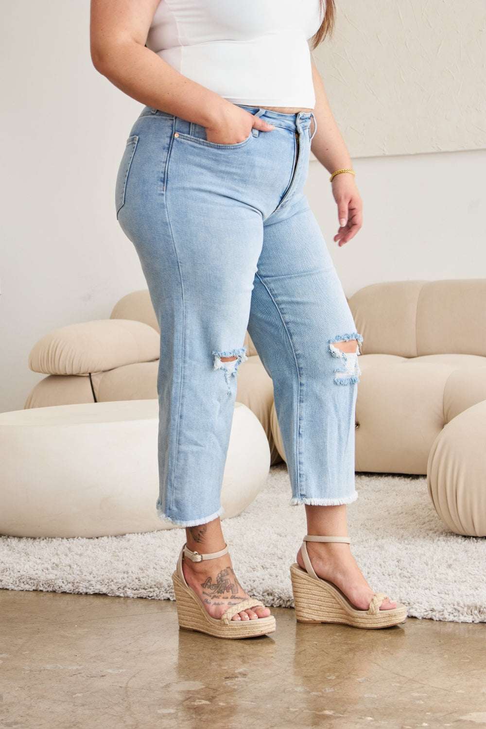 RFM Full Size Tummy Control High Waist Raw Hem Distressed Jeans