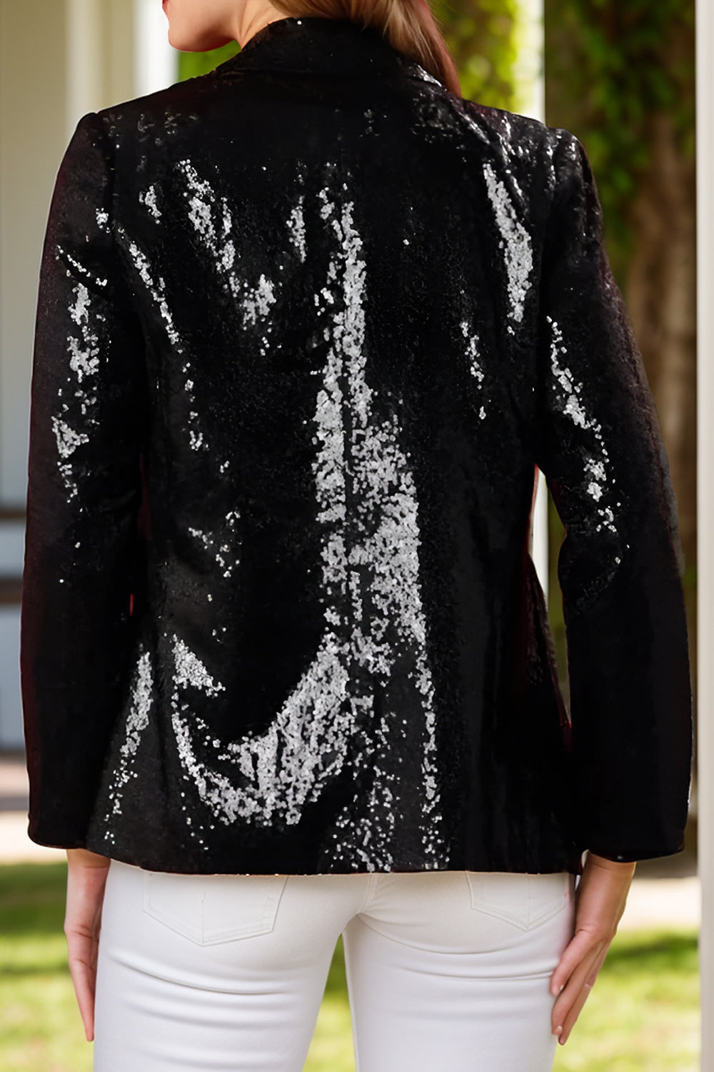 Sequin Nutcracker Long Sleeve Blazer in black with shimmering sequins, back view.