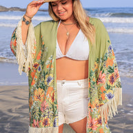 Plus Size Fringe Open Front Cover-Up