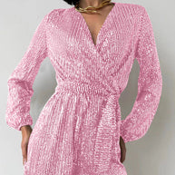 Full Size Sequin Surplice Tie Waist Long Sleeve Romper