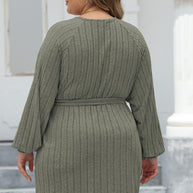 Plus Size Ribbed Tie Front Long Sleeve Sweater Dress